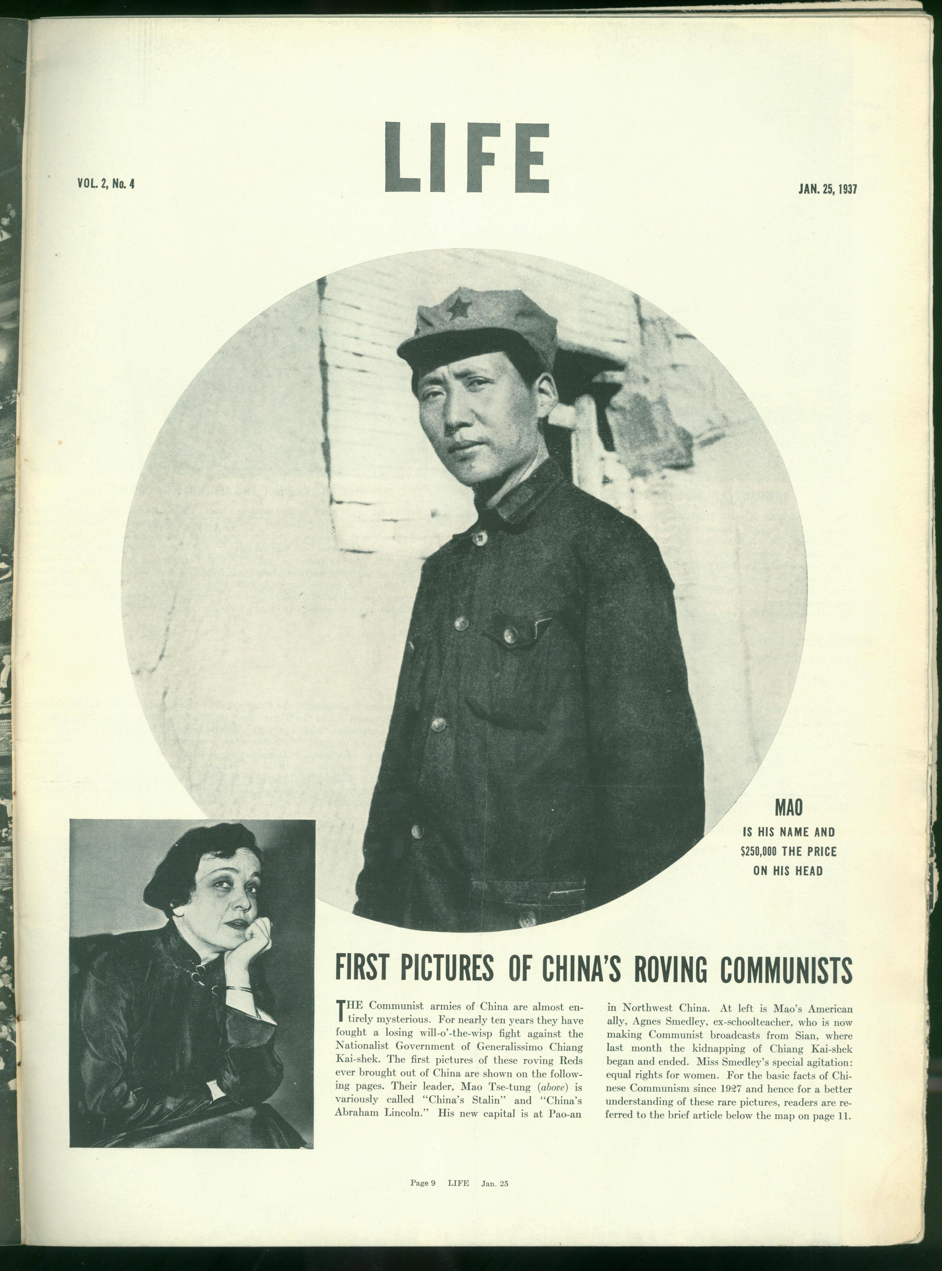1937年1月25日，美国《生活》周刊刊登毛泽东照片，照片右下方写着一行字：“毛，这是他的名字，他的人头价值25万元。”